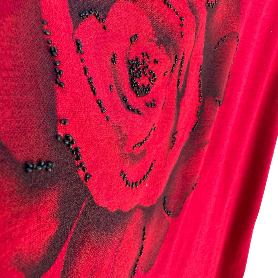 Renai Ellison Romantic Floral Beaded Rose Beaded Feminine Top Red Womens M Art