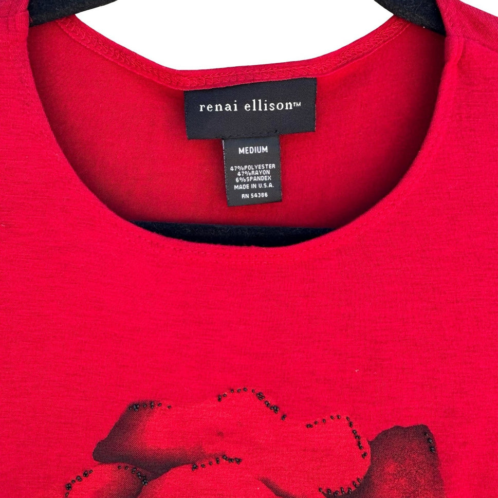 Renai Ellison Romantic Floral Beaded Rose Beaded Feminine Top Red Womens M Art