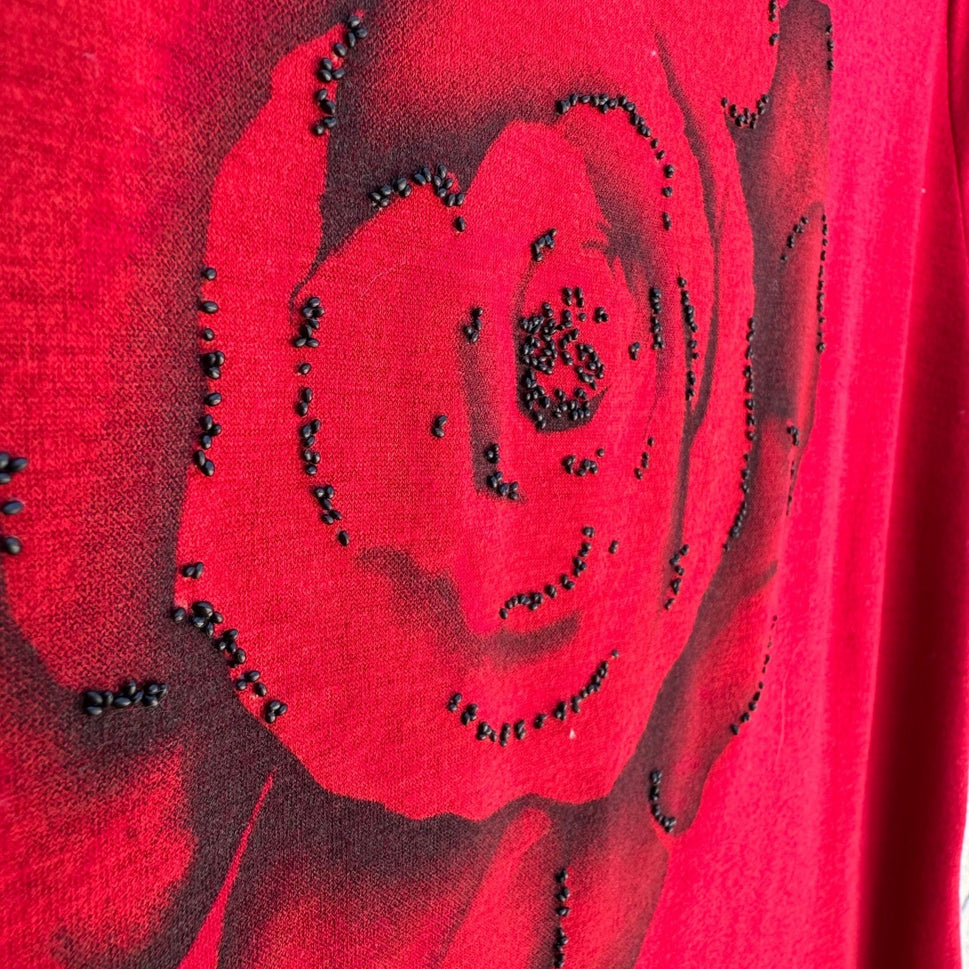 Renai Ellison Romantic Floral Beaded Rose Beaded Feminine Top Red Womens M Art