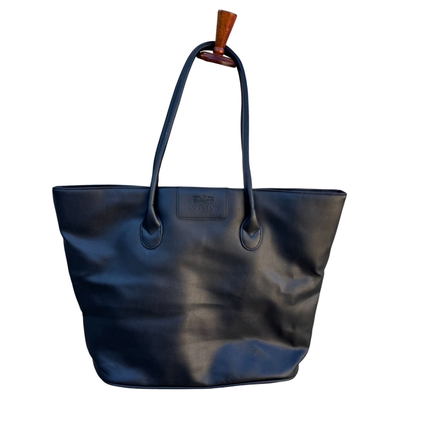 Perry Ellis America Black Faux Leather Tote Bag Zippered Compartments Snap Close