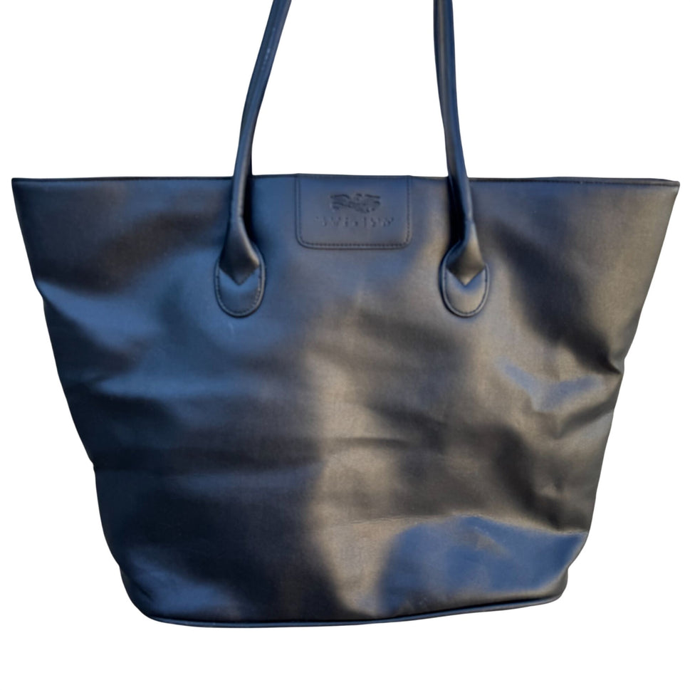 Perry Ellis America Black Faux Leather Tote Bag Zippered Compartments Snap Close