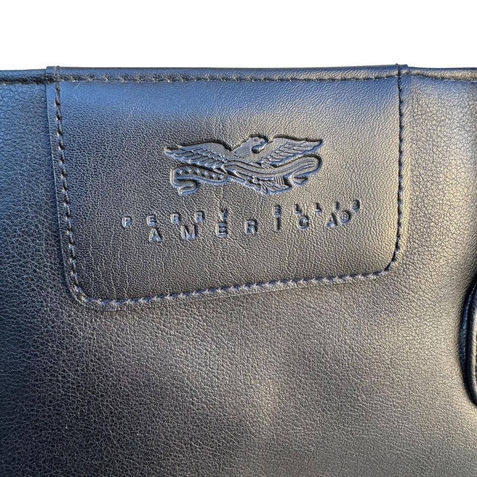 Perry Ellis America Black Faux Leather Tote Bag Zippered Compartments Snap Close