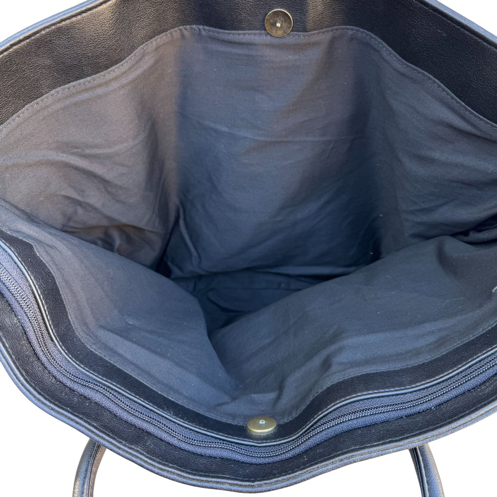 Perry Ellis America Black Faux Leather Tote Bag Zippered Compartments Snap Close