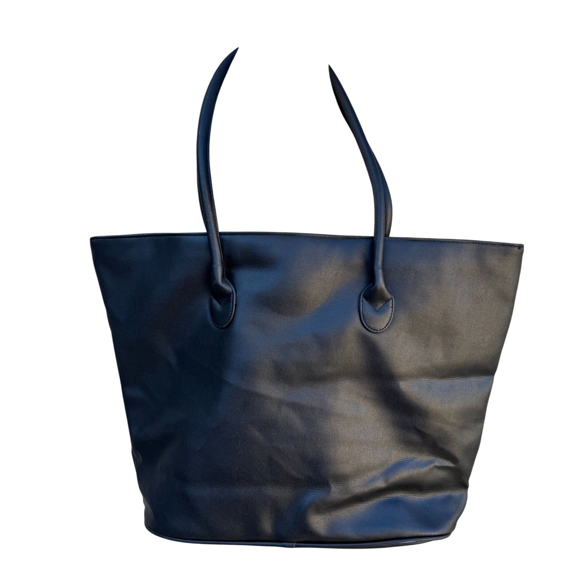 Perry Ellis America Black Faux Leather Tote Bag Zippered Compartments Snap Close