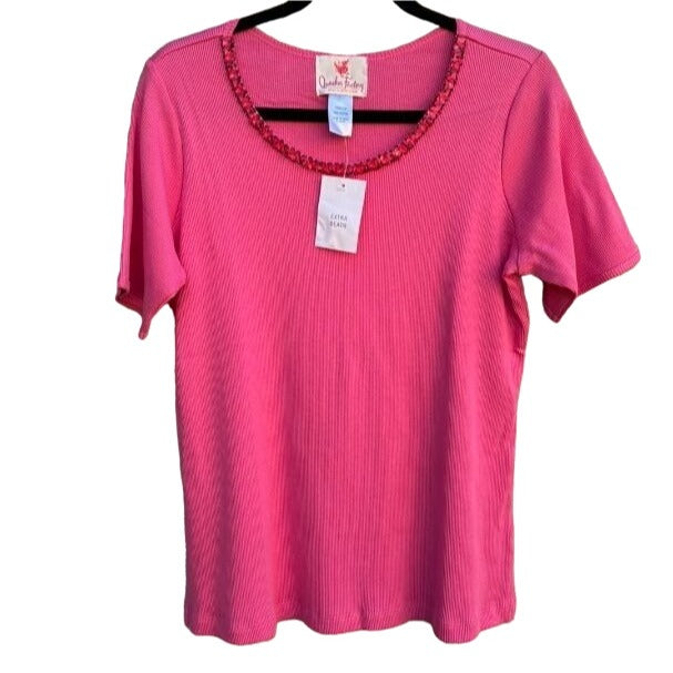 The Quacker Factory Beaded Collar Short Sleeve Hot Pink Women's Shirt Blouse Top