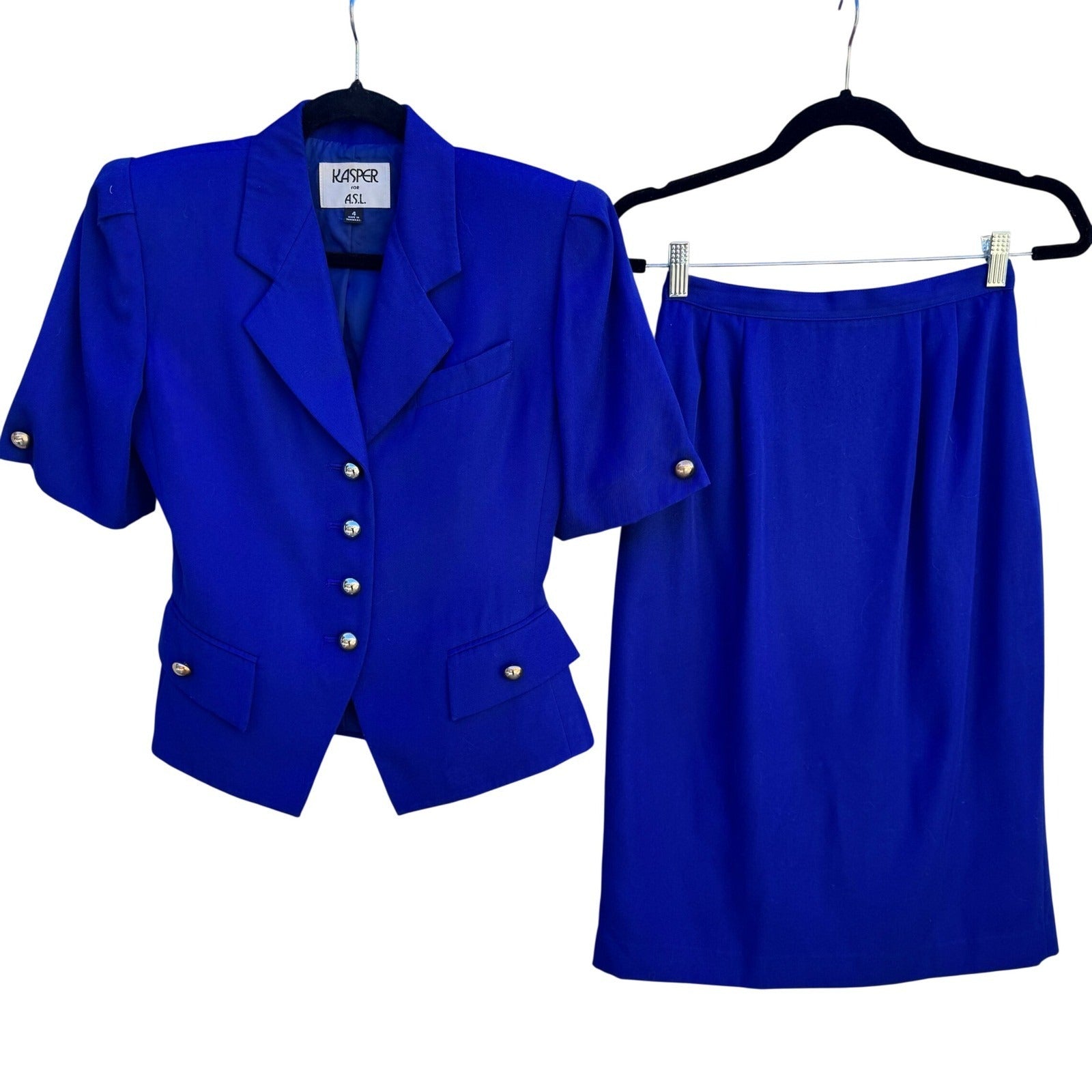 Kasper for ASL Vintage Royal Blue Skirt Suit Set Short Sleeve Office Womens 4