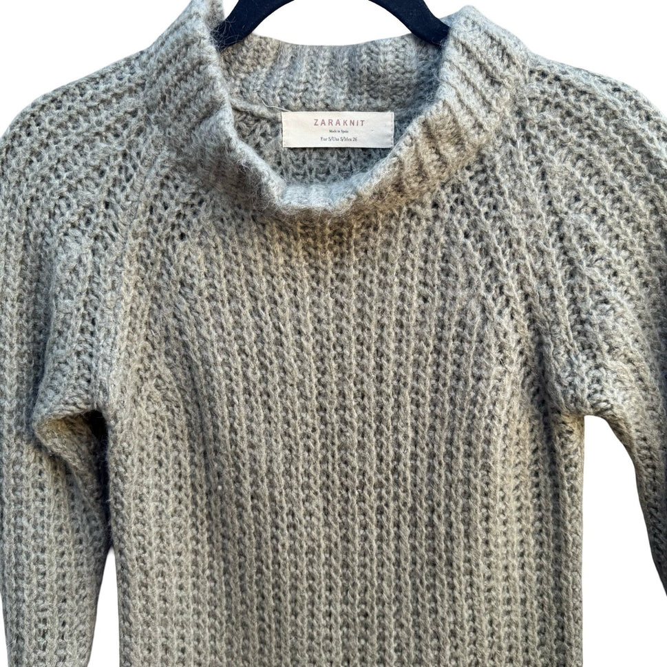 Zara Knit Mohair Wool Blend Minimalist Scandi Waffle Chunky Mock Neck Sweater S