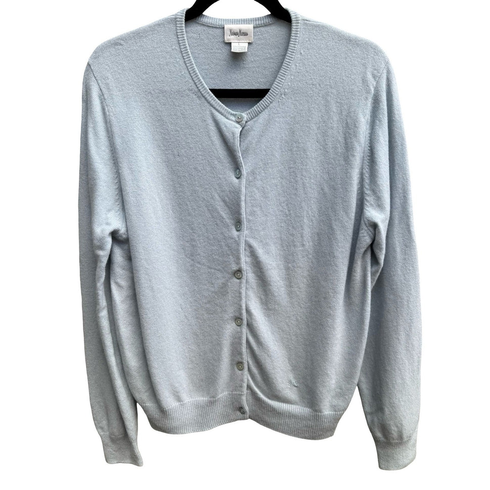 Neiman Marcus Cashmere Quiet Luxury Preppy Cozy Cardigan Sweater Pastel Blue L