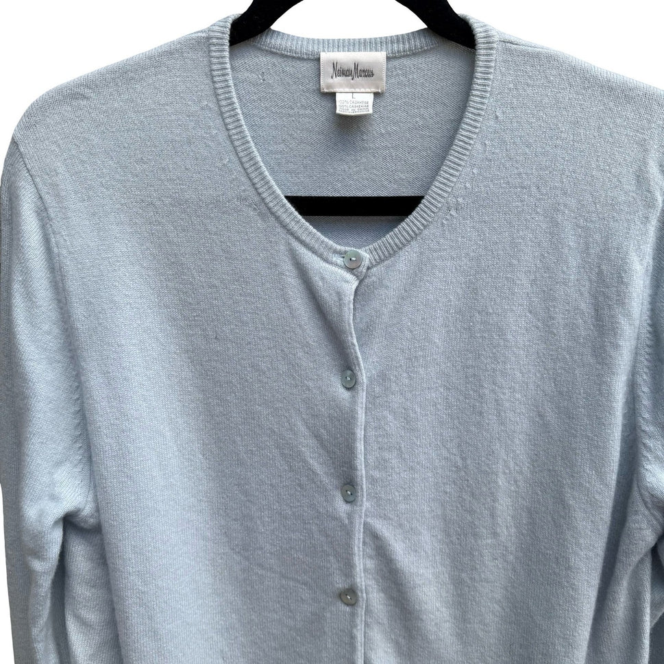 Neiman Marcus Cashmere Quiet Luxury Preppy Cozy Cardigan Sweater Pastel Blue L