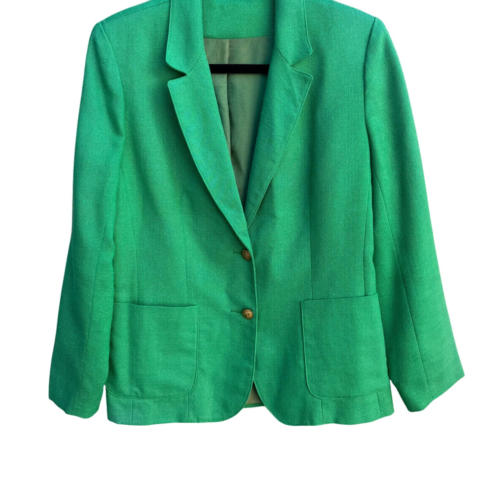 Vintage Womens Green Two Button Heavy Linen Decorative Gold Button Blazer Jacket