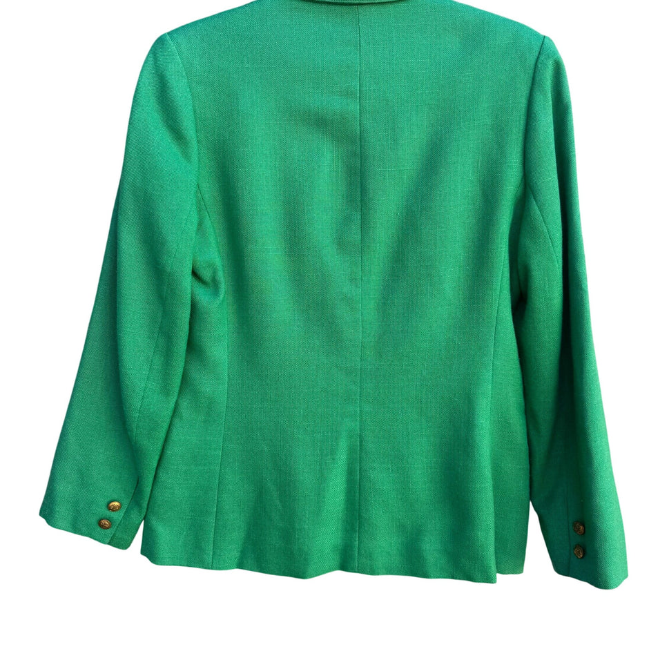 Vintage Womens Green Two Button Heavy Linen Decorative Gold Button Blazer Jacket
