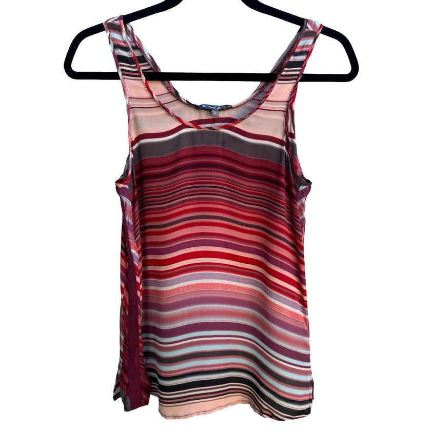 Michael Stars Silk Striped Luxury Designer Layering Tank Top Ribbon Trim Red XS