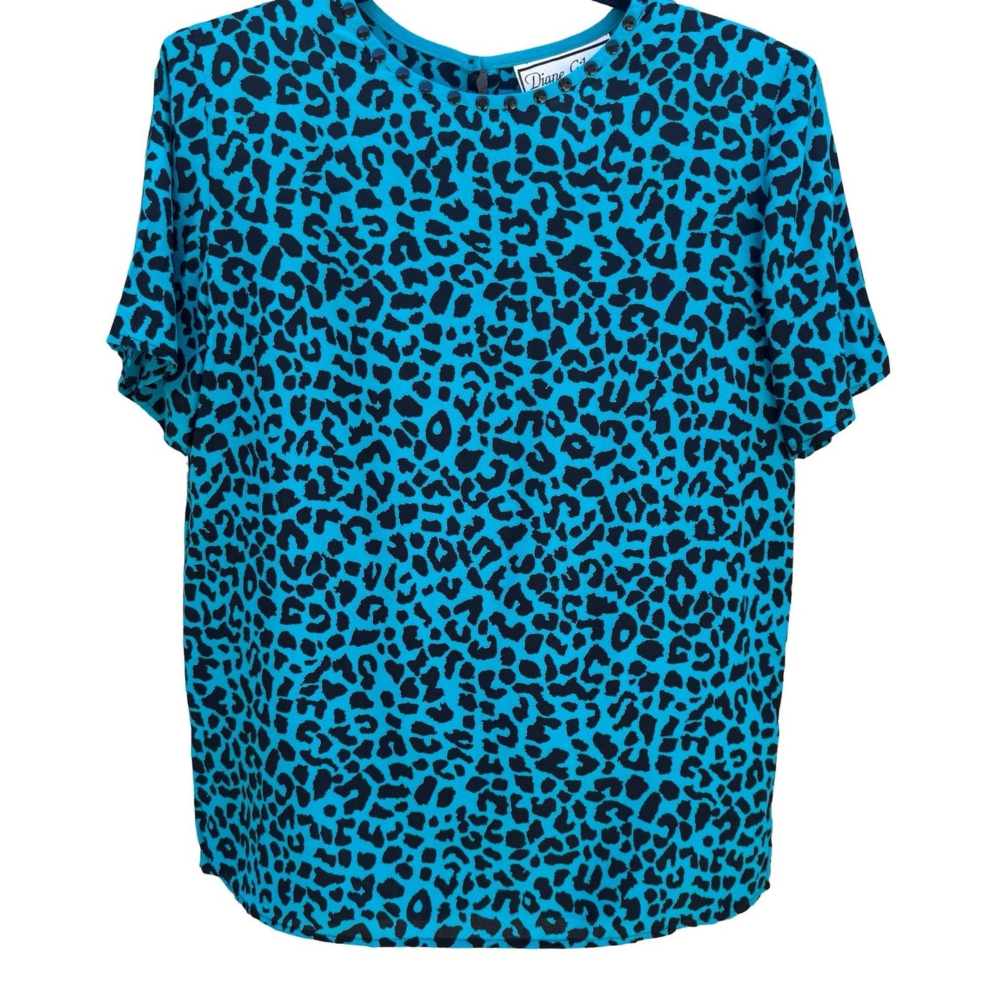 Diane Gilman Silk Leopard Print Blouse Turquoise Studded Neck S Bold Luxury Edgy