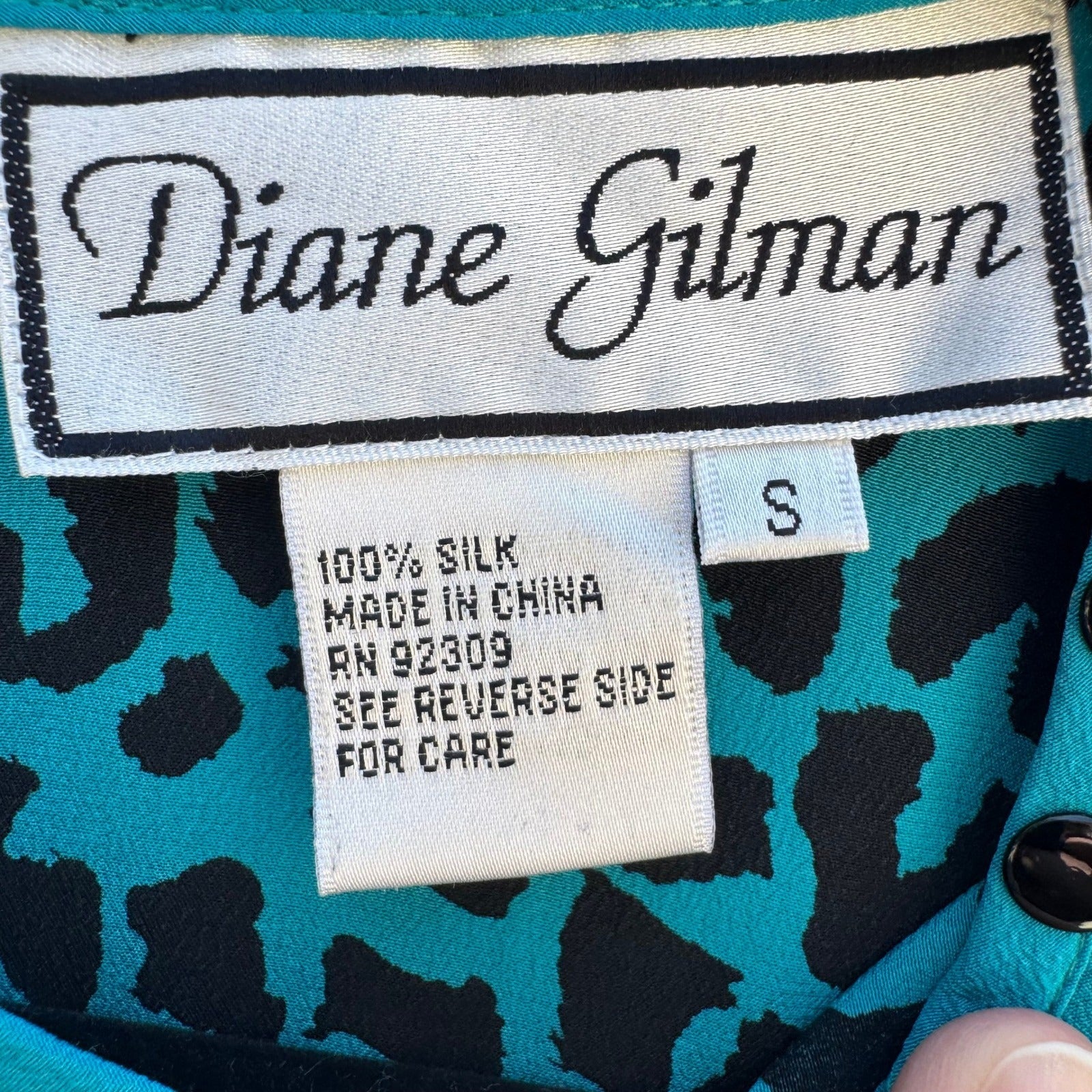 Diane Gilman Silk Leopard Print Blouse Turquoise Studded Neck S Bold Luxury Edgy