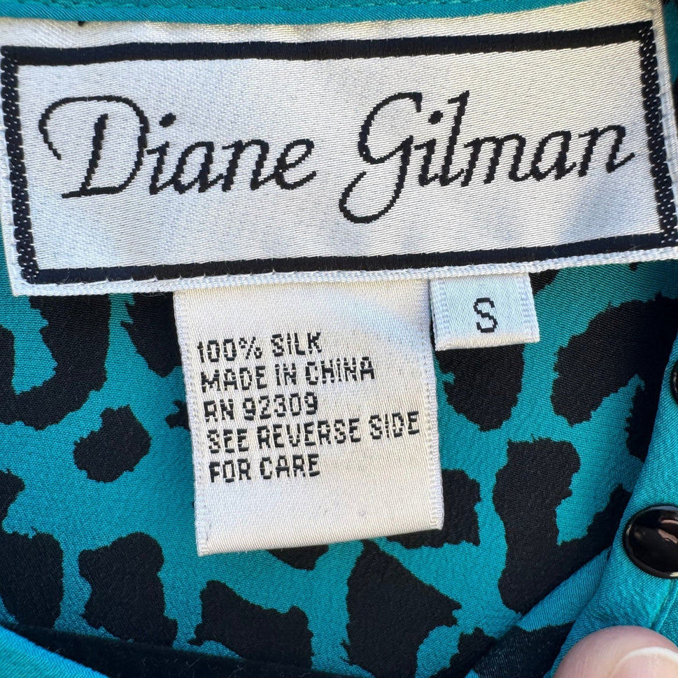Diane Gilman Silk Leopard Print Blouse Turquoise Studded Neck S Bold Luxury Edgy