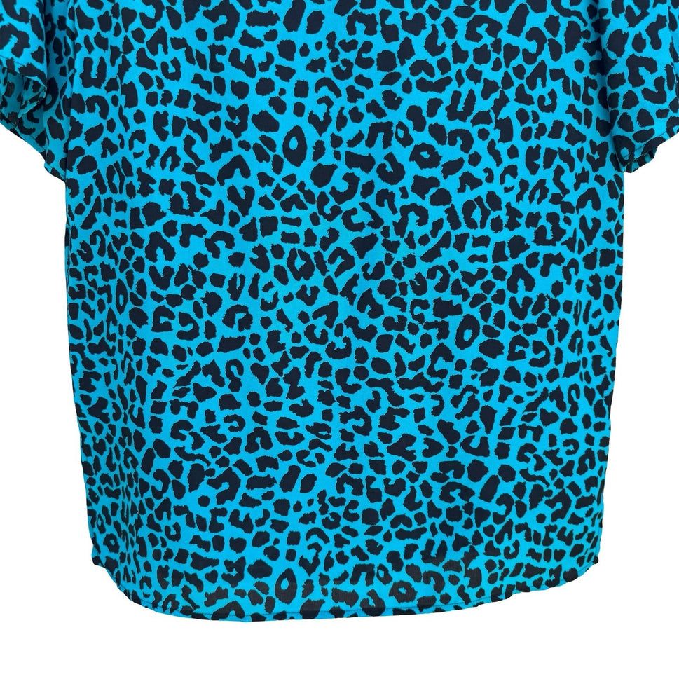 Diane Gilman Silk Leopard Print Blouse Turquoise Studded Neck S Bold Luxury Edgy
