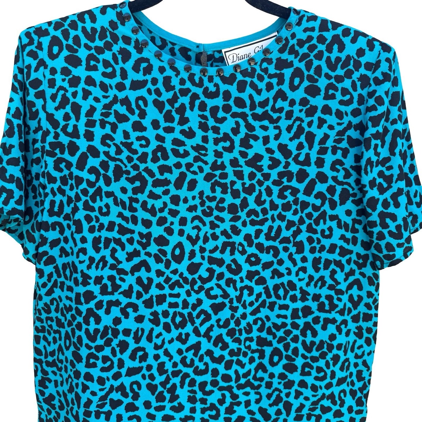 Diane Gilman Silk Leopard Print Blouse Turquoise Studded Neck S Bold Luxury Edgy