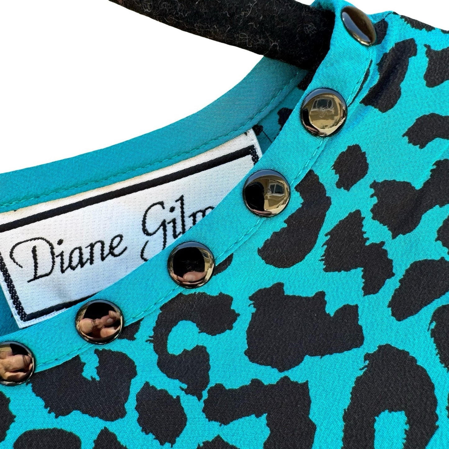 Diane Gilman Silk Leopard Print Blouse Turquoise Studded Neck S Bold Luxury Edgy