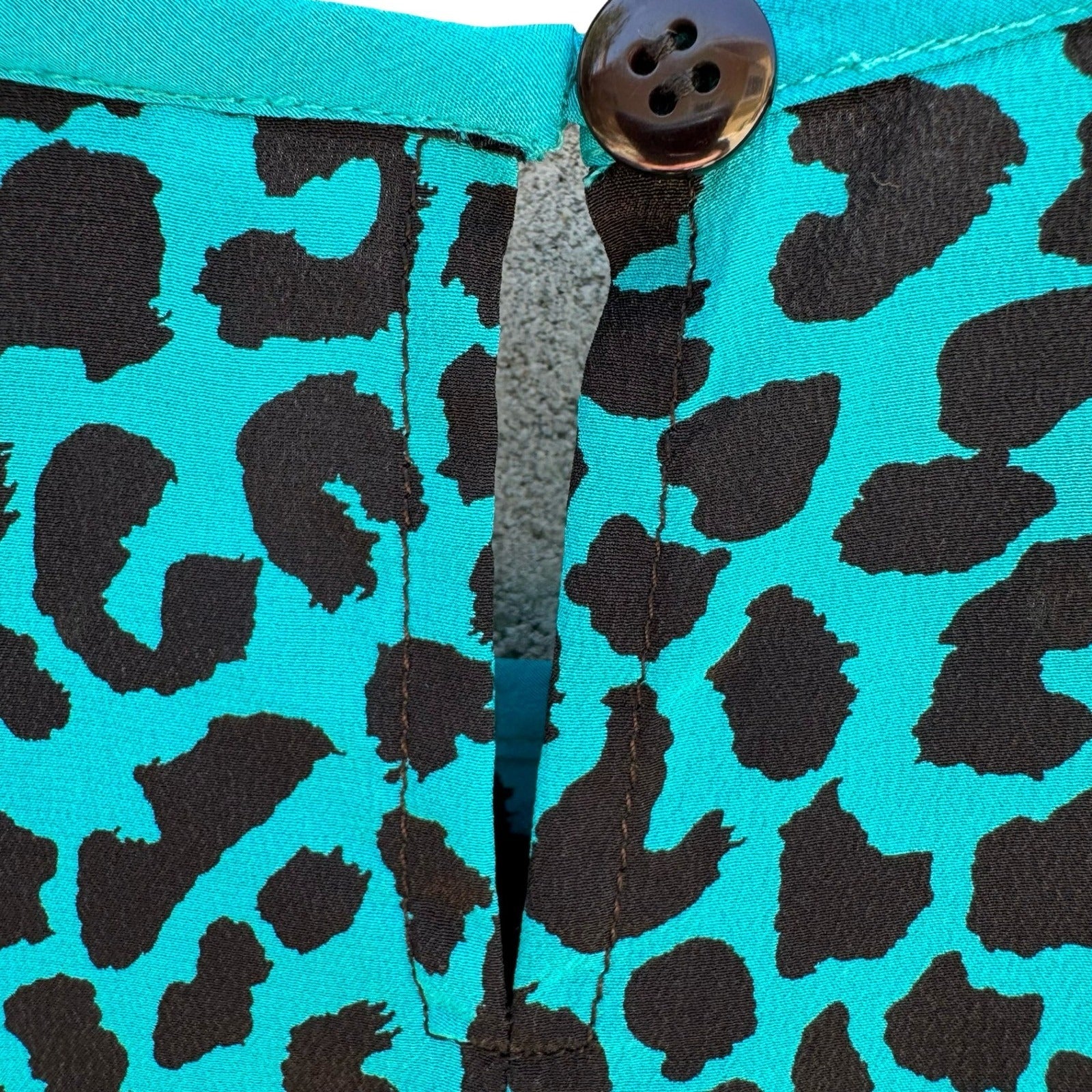 Diane Gilman Silk Leopard Print Blouse Turquoise Studded Neck S Bold Luxury Edgy