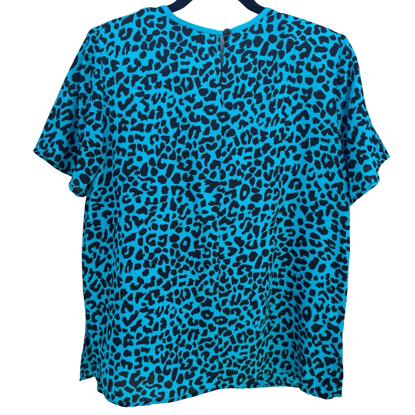 Diane Gilman Silk Leopard Print Blouse Turquoise Studded Neck S Bold Luxury Edgy