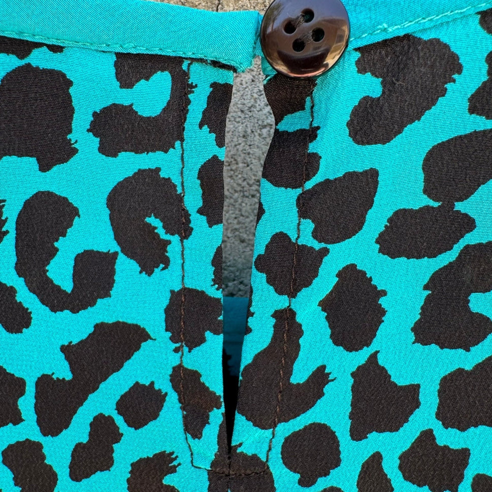 Diane Gilman Silk Leopard Print Blouse Turquoise Studded Neck S Bold Luxury Edgy