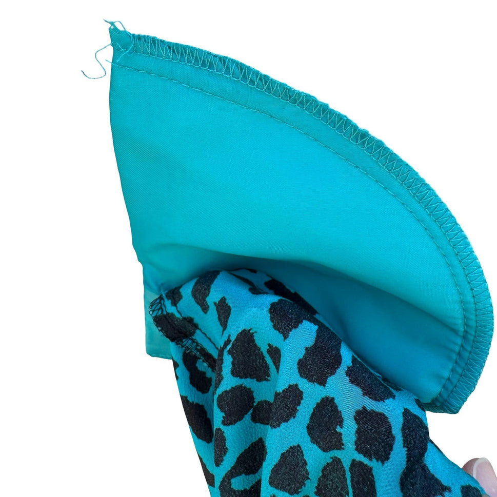 Diane Gilman Silk Leopard Print Blouse Turquoise Studded Neck S Bold Luxury Edgy