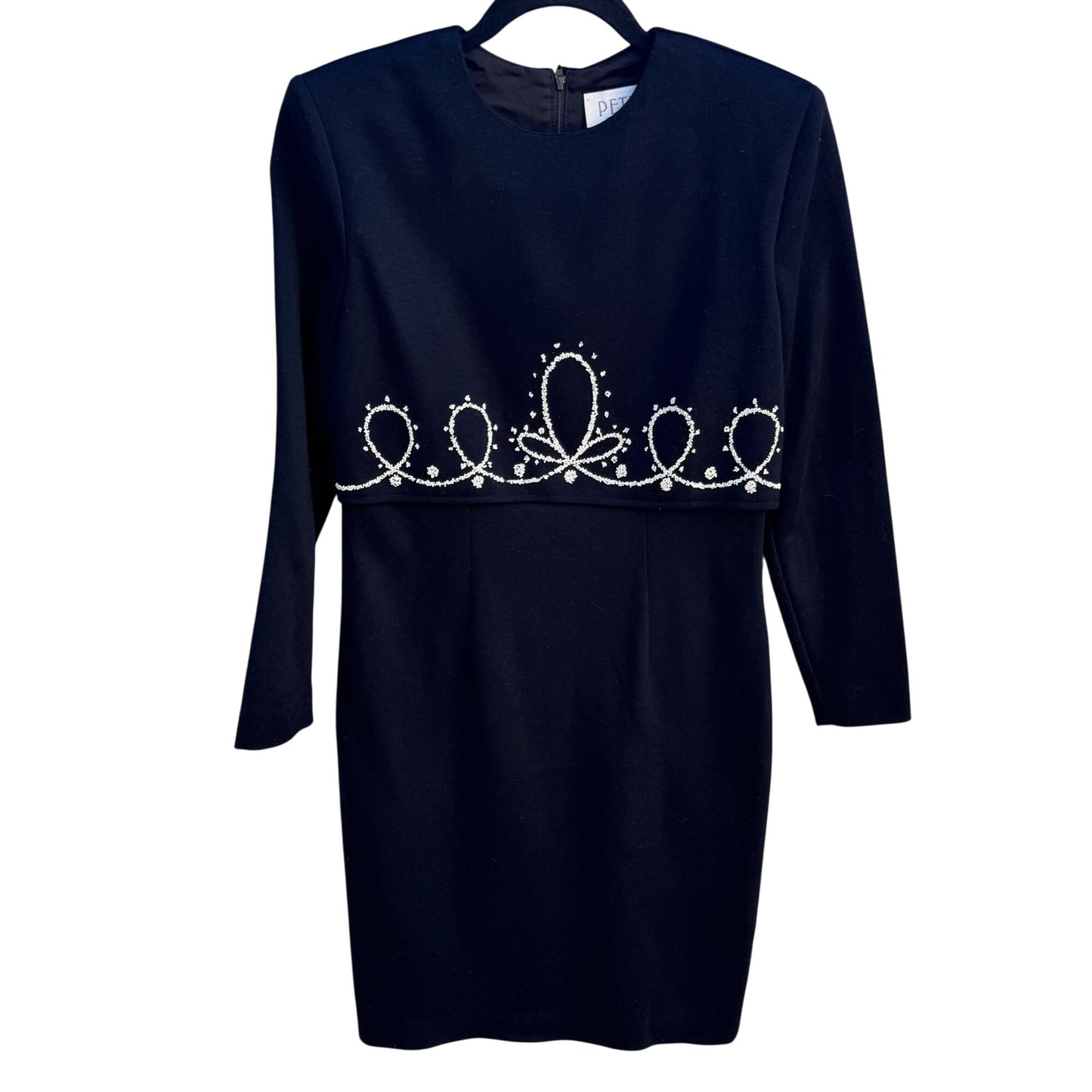 Petite Sophisticates Vintage 80s Black Beaded Long Sleeve Pencil Cocktail Dress 6