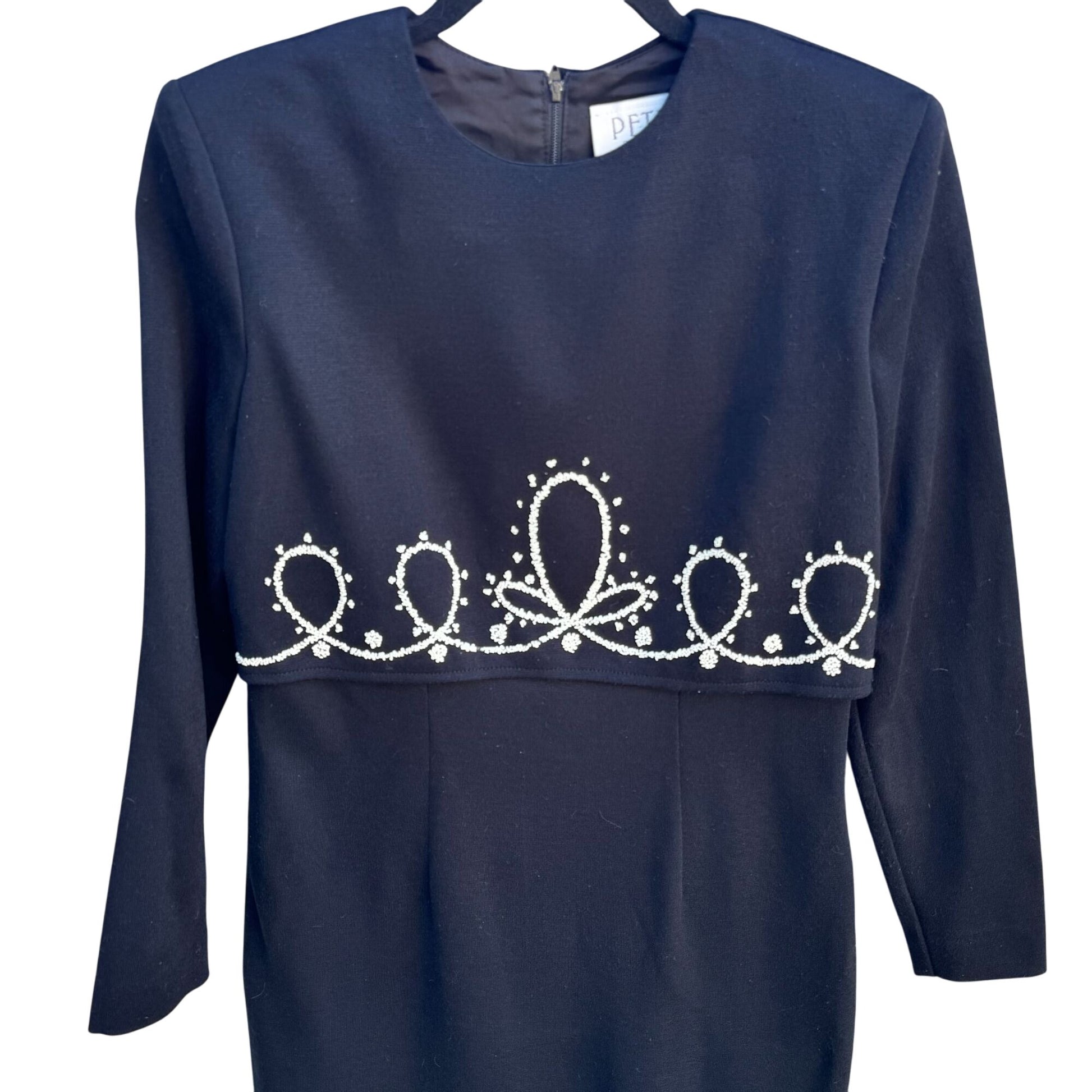 Petite Sophisticates Vintage 80s Black Beaded Long Sleeve Pencil Cocktail Dress 6