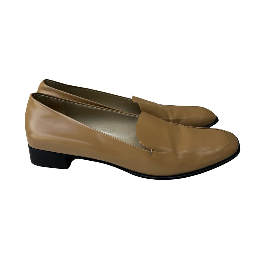 Prada Quiet Luxury Square Toe Italian Leather Minimalist Loafers Tan Womens 41