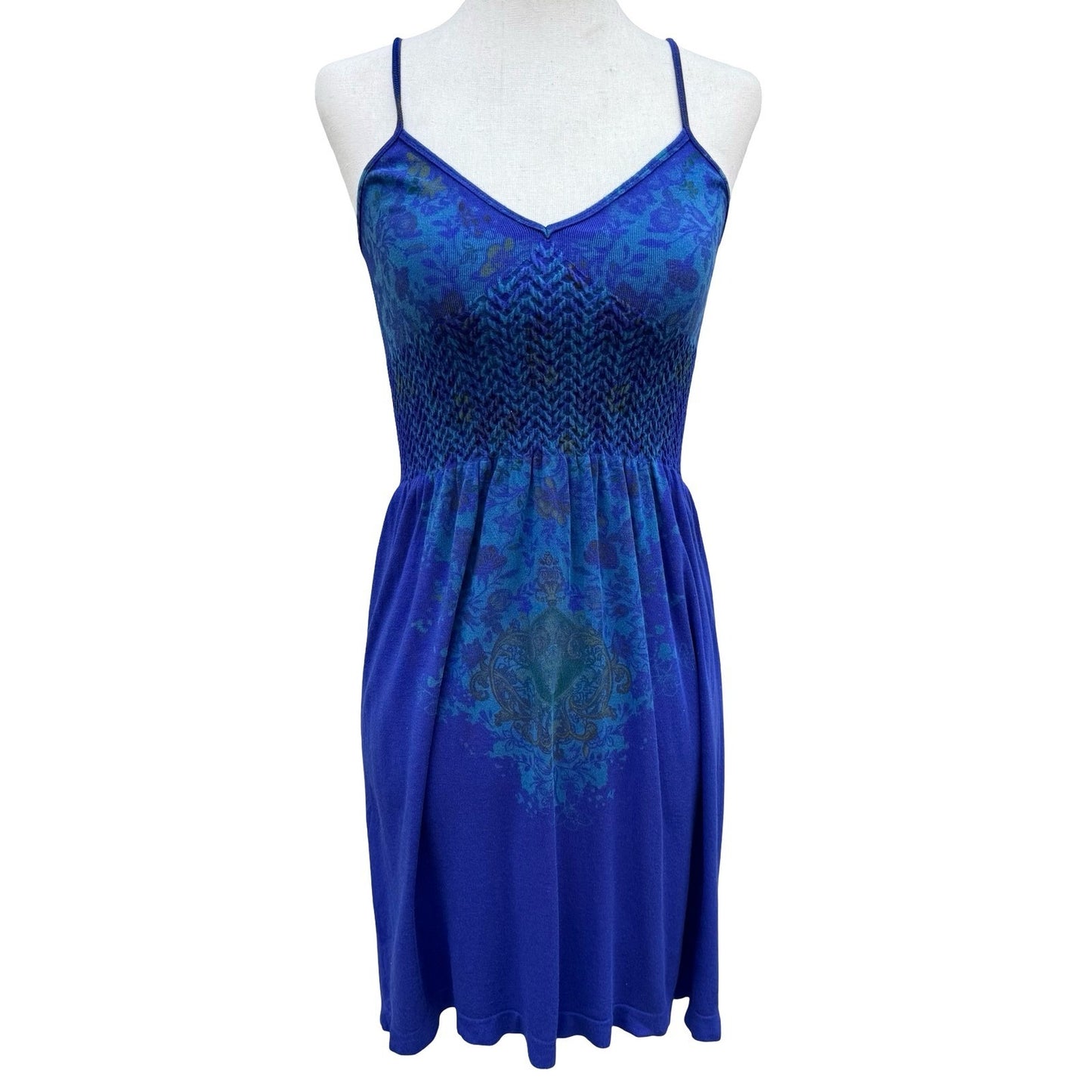 M Rena Blue Floral Damask Smocked Bodice Cami Mini Dress Indie Boho Festival