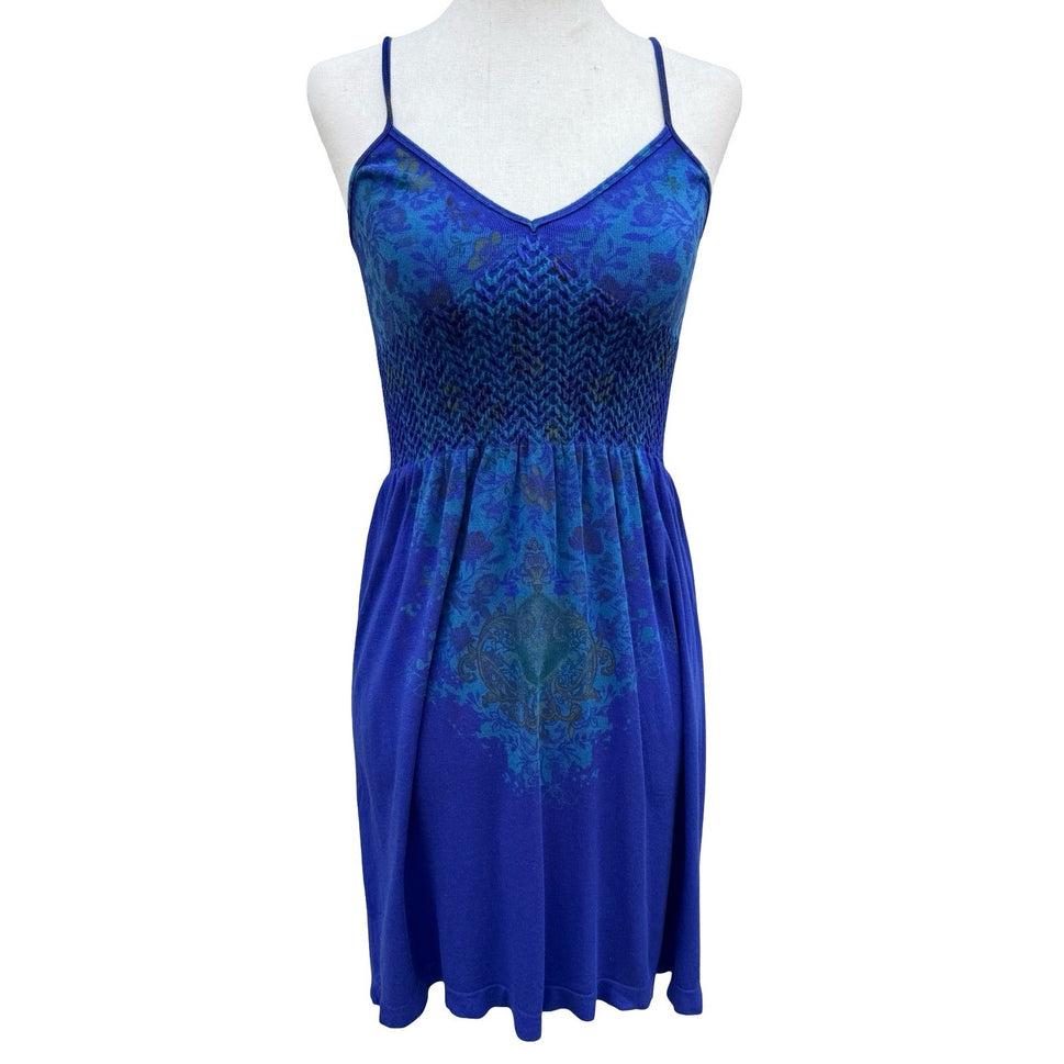 M Rena Blue Floral Damask Smocked Bodice Cami Mini Dress Indie Boho Festival