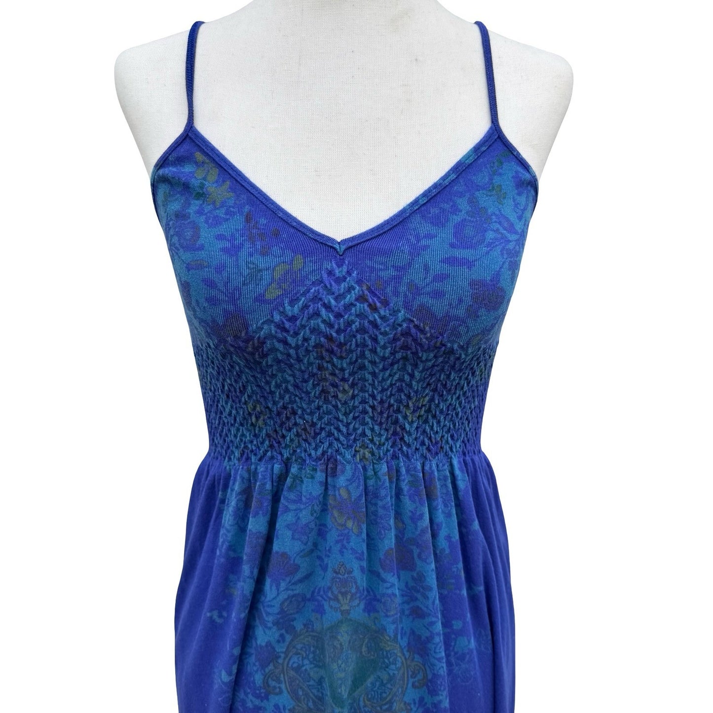 M Rena Blue Floral Damask Smocked Bodice Cami Mini Dress Indie Boho Festival