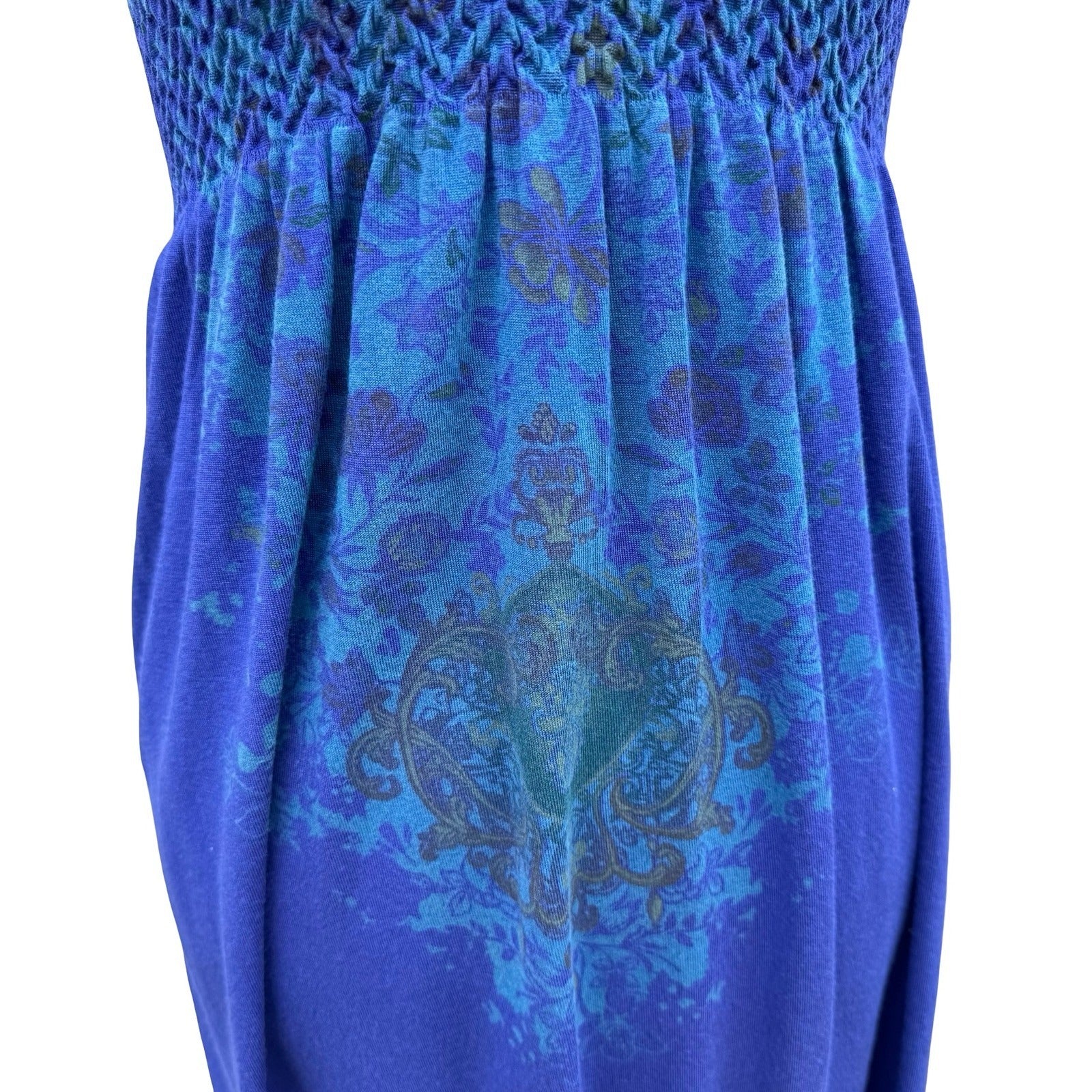 M Rena Blue Floral Damask Smocked Bodice Cami Mini Dress Indie Boho Festival