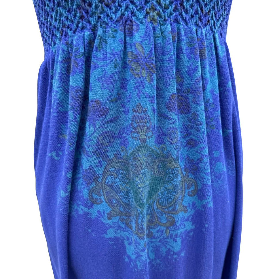 M Rena Blue Floral Damask Smocked Bodice Cami Mini Dress Indie Boho Festival
