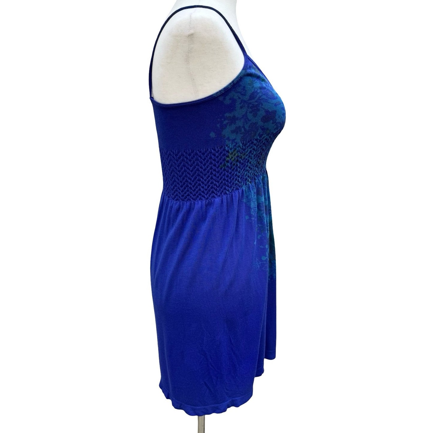 M Rena Blue Floral Damask Smocked Bodice Cami Mini Dress Indie Boho Festival