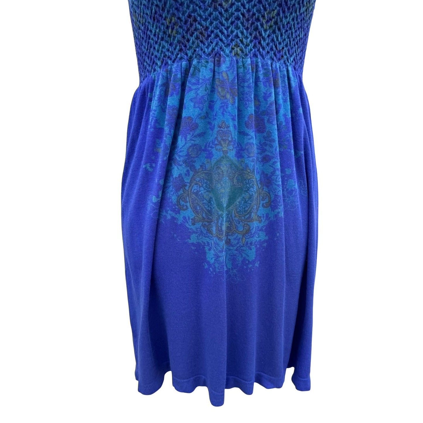 M Rena Blue Floral Damask Smocked Bodice Cami Mini Dress Indie Boho Festival