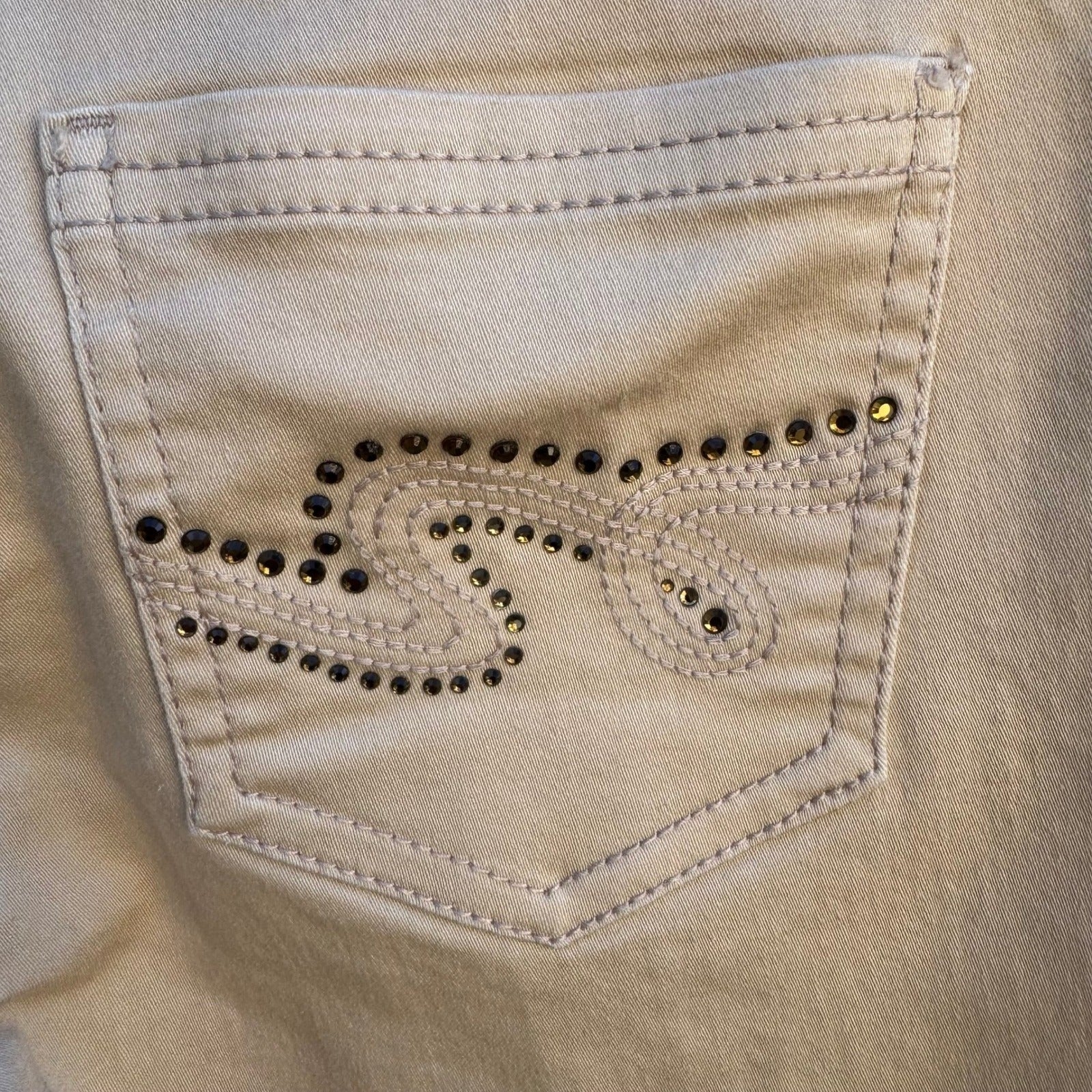 Diane Gilman DG2 Tan Bootcut Embellished Rhinestone Pocket Jeans Womens 2P Khaki