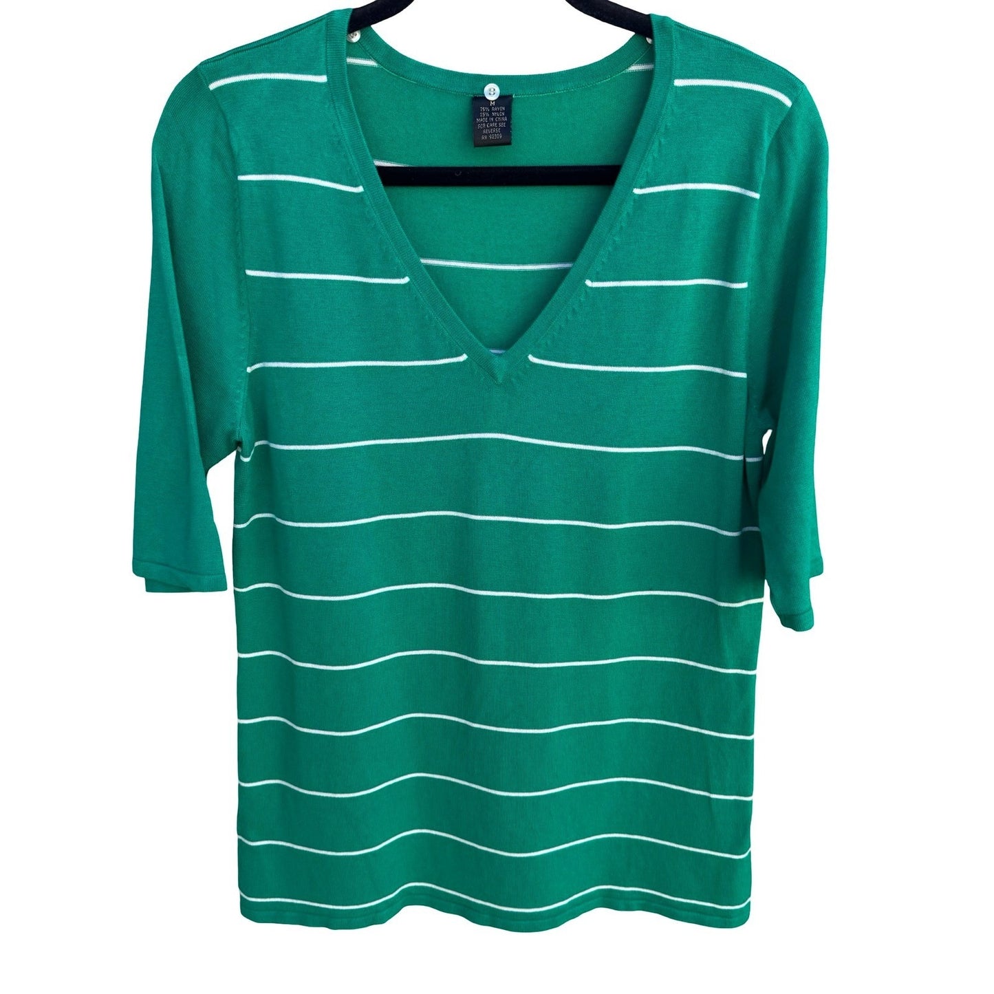 GMR Fashion Green White Striped V-Neck 3/4 Sleeve Knit Sweater Top Womens Medium