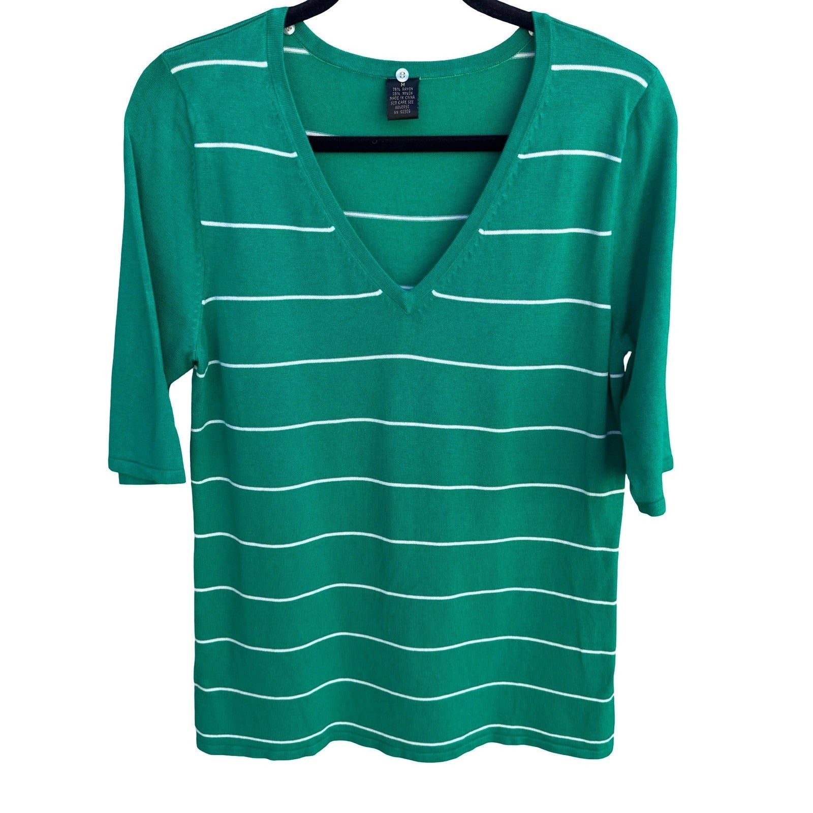 GMR Fashion Green White Striped V-Neck 3/4 Sleeve Knit Sweater Top Womens Medium