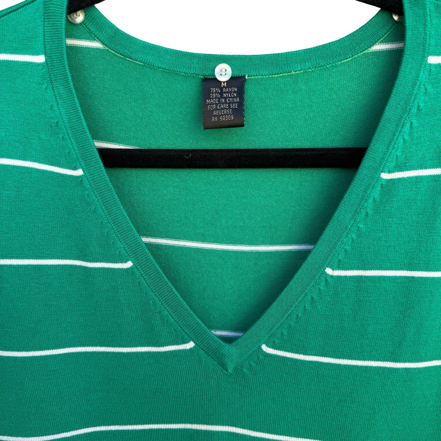 GMR Fashion Green White Striped V-Neck 3/4 Sleeve Knit Sweater Top Womens Medium
