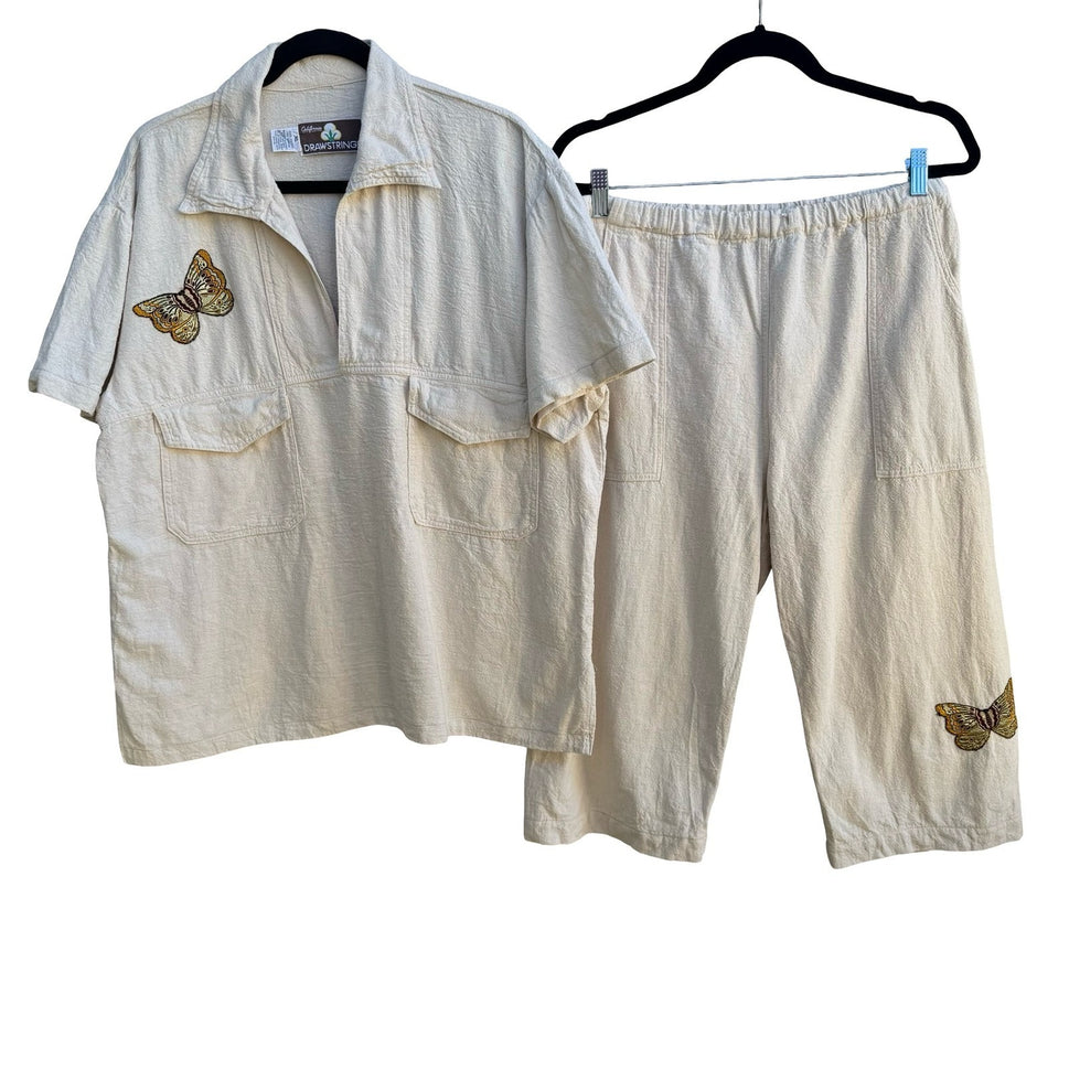 California Drawstrings Vintage 90s Boho Cotton Butterfly Embroidered Shirt Pants