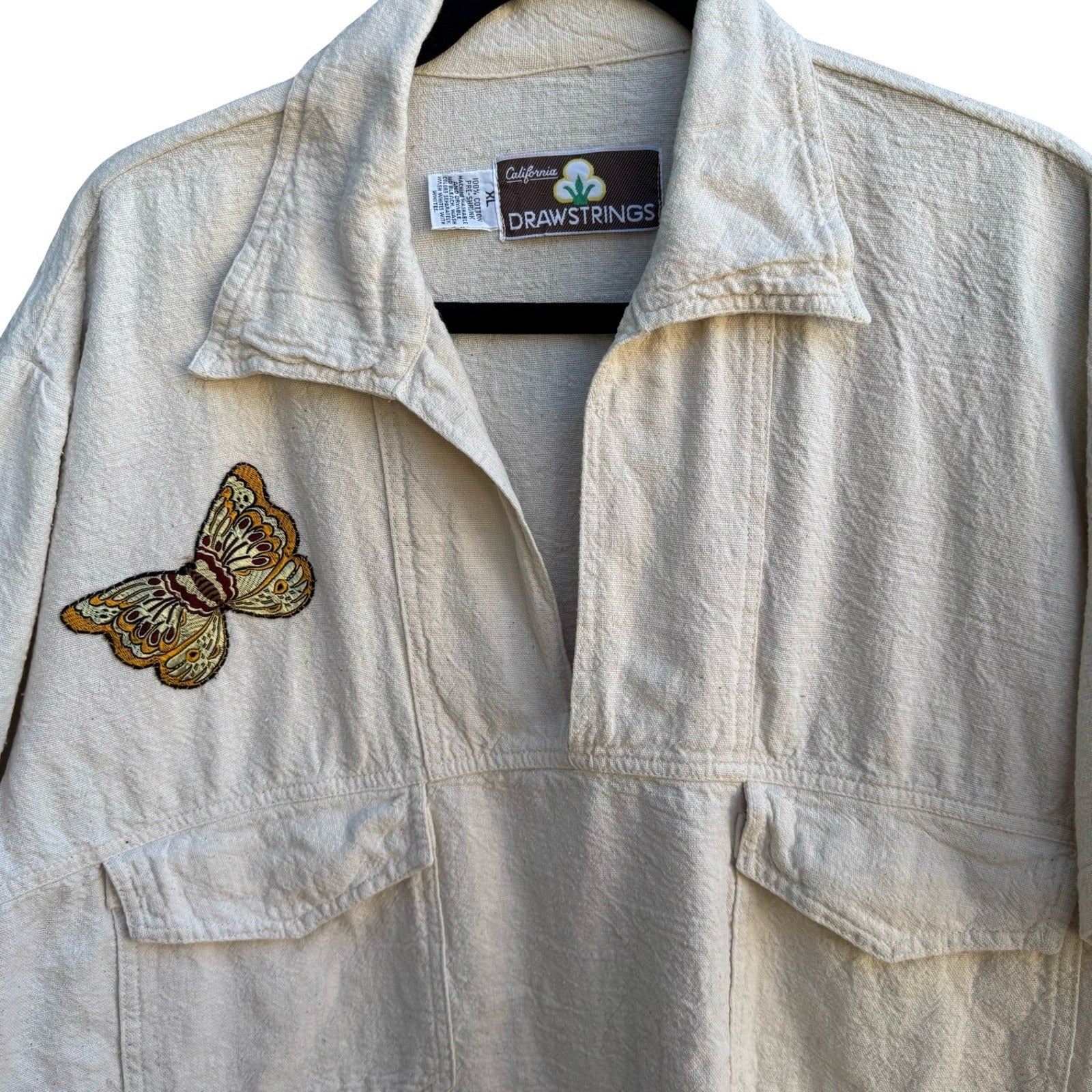 California Drawstrings Vintage 90s Boho Cotton Butterfly Embroidered Shirt Pants