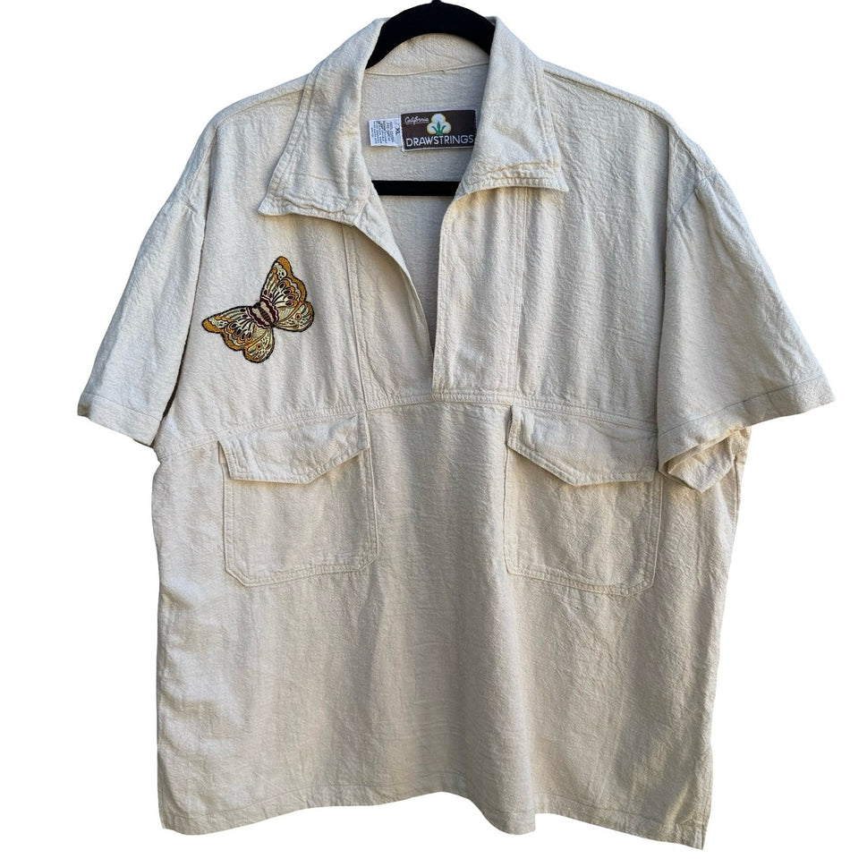 California Drawstrings Vintage 90s Boho Cotton Butterfly Embroidered Shirt Pants