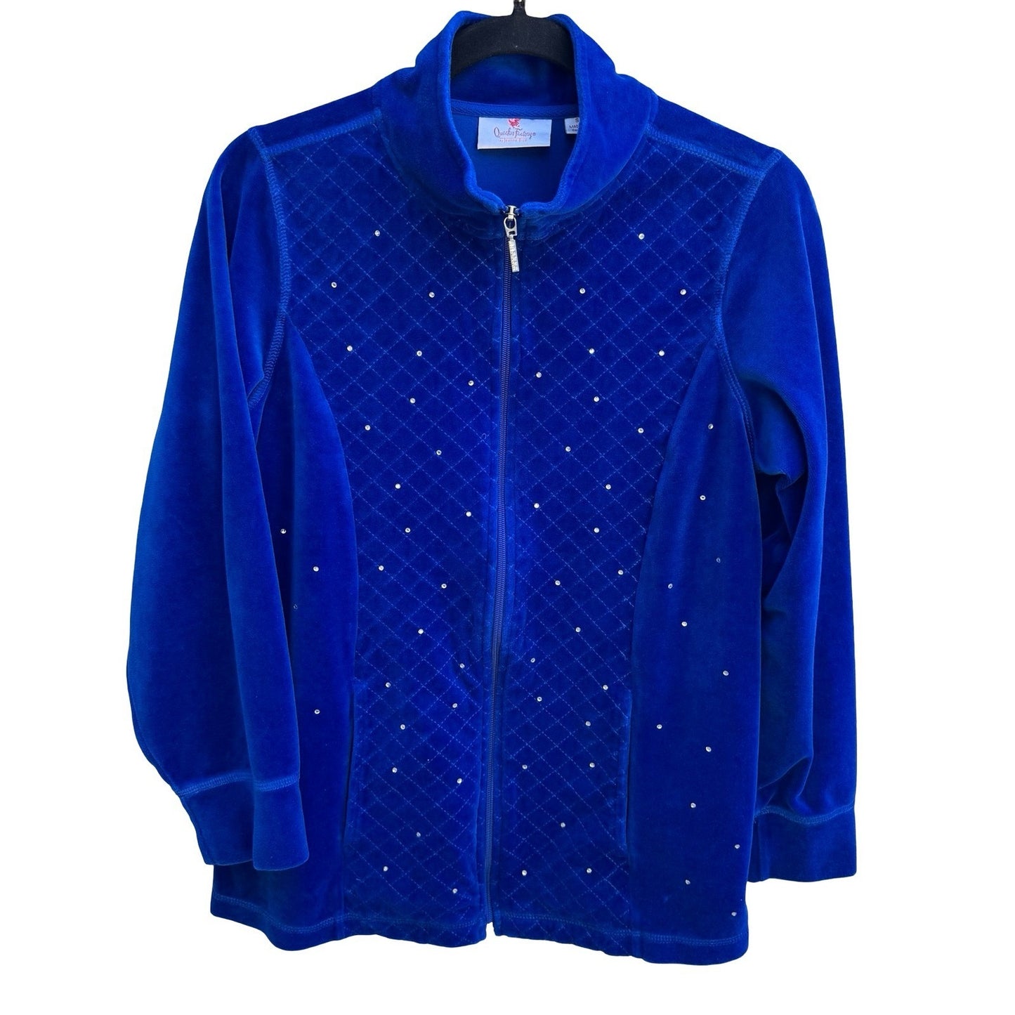 Quacker Factory Y2K Athleisure Cozy Glam Velour Quilted Rhinestone Zip Jacket S