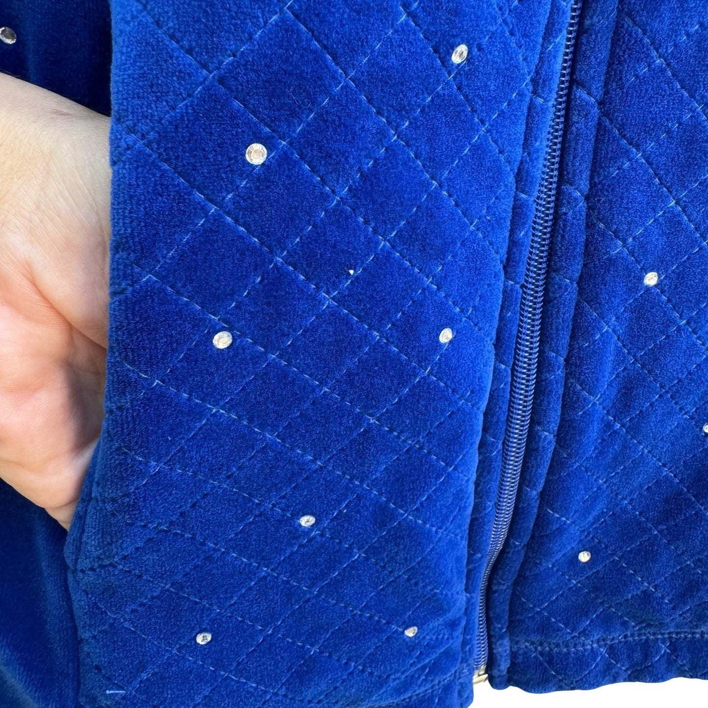 Quacker Factory Y2K Athleisure Cozy Glam Velour Quilted Rhinestone Zip Jacket S