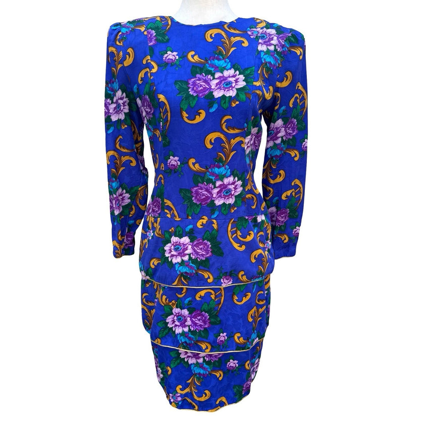 Maggy London Petites Vintage 80s Silk Floral Tiered Dress Blue Gold Size 6P