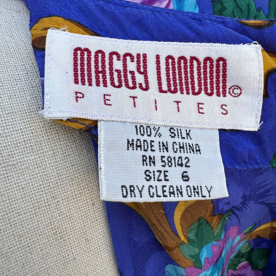 Maggy London Petites Vintage 80s Silk Floral Tiered Dress Blue Gold Size 6P