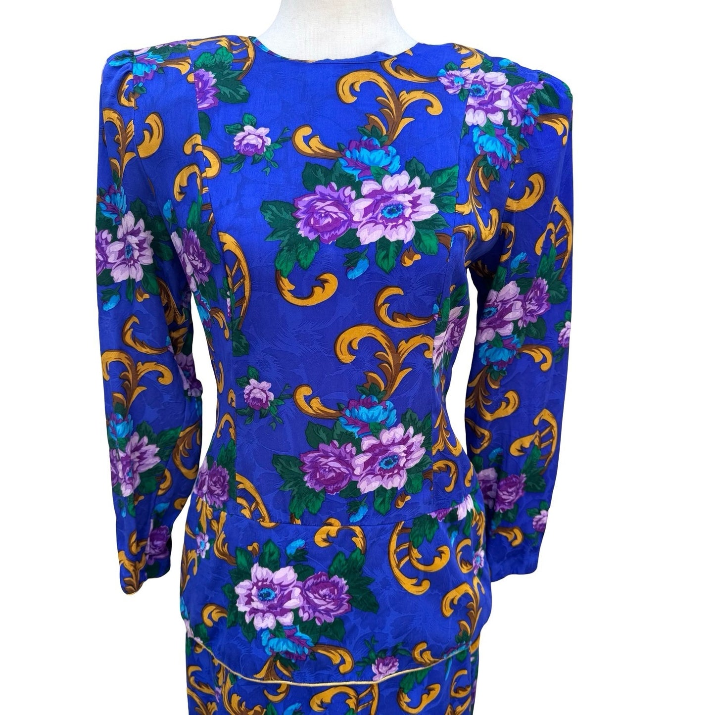 Maggy London Petites Vintage 80s Silk Floral Tiered Dress Blue Gold Size 6P