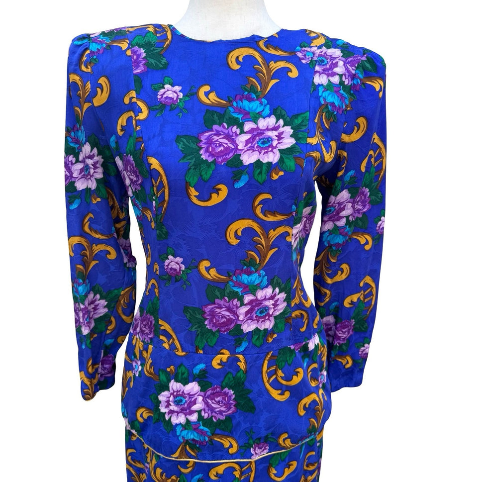 Maggy London Petites Vintage 80s Silk Floral Tiered Dress Blue Gold Size 6P
