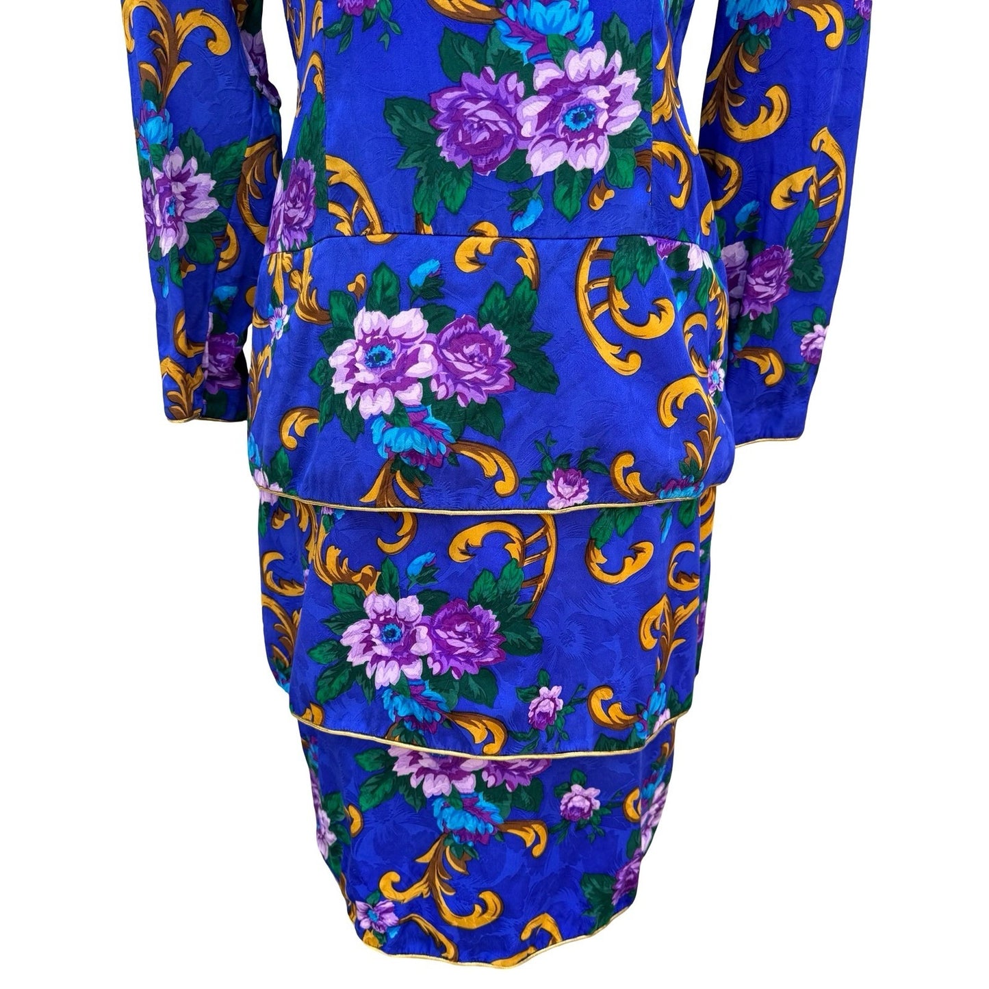 Maggy London Petites Vintage 80s Silk Floral Tiered Dress Blue Gold Size 6P